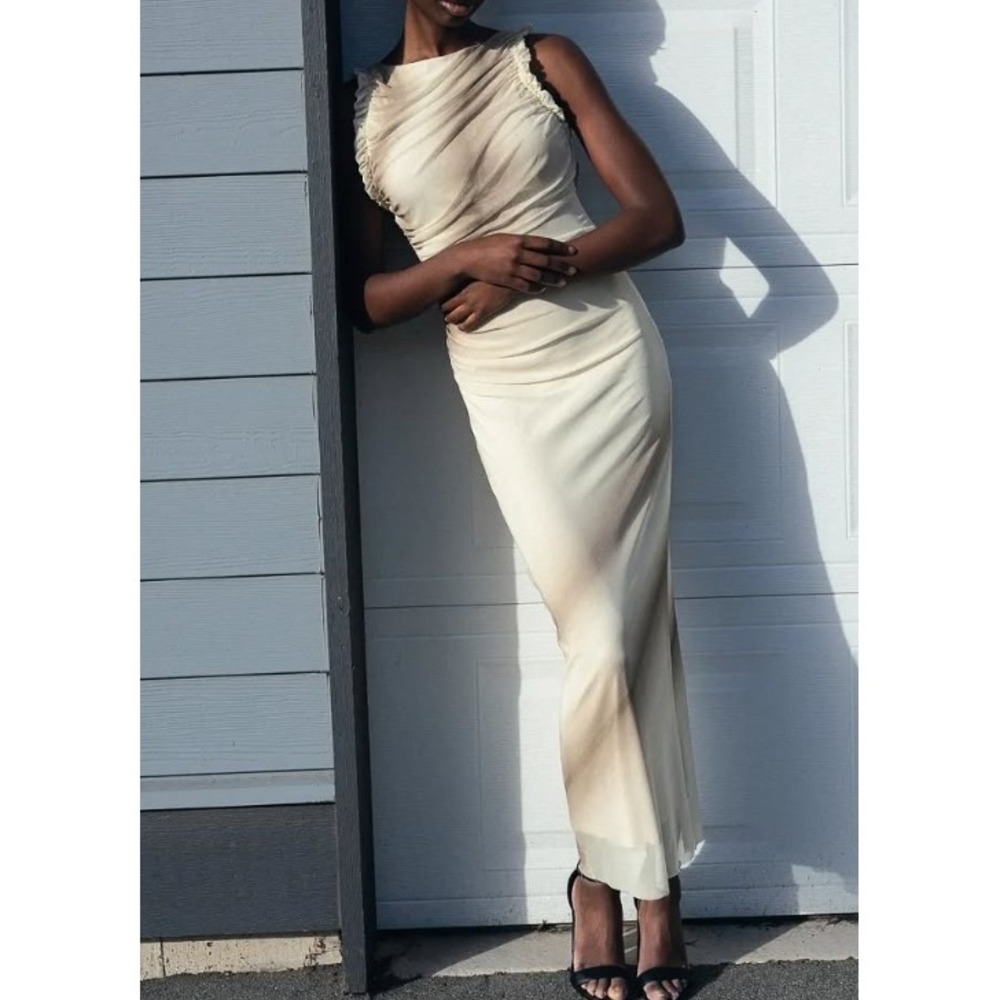 Micas Sleeveless Maxi Dress Ruched Bodice Neutral Print Party‎ Cocktail Size L